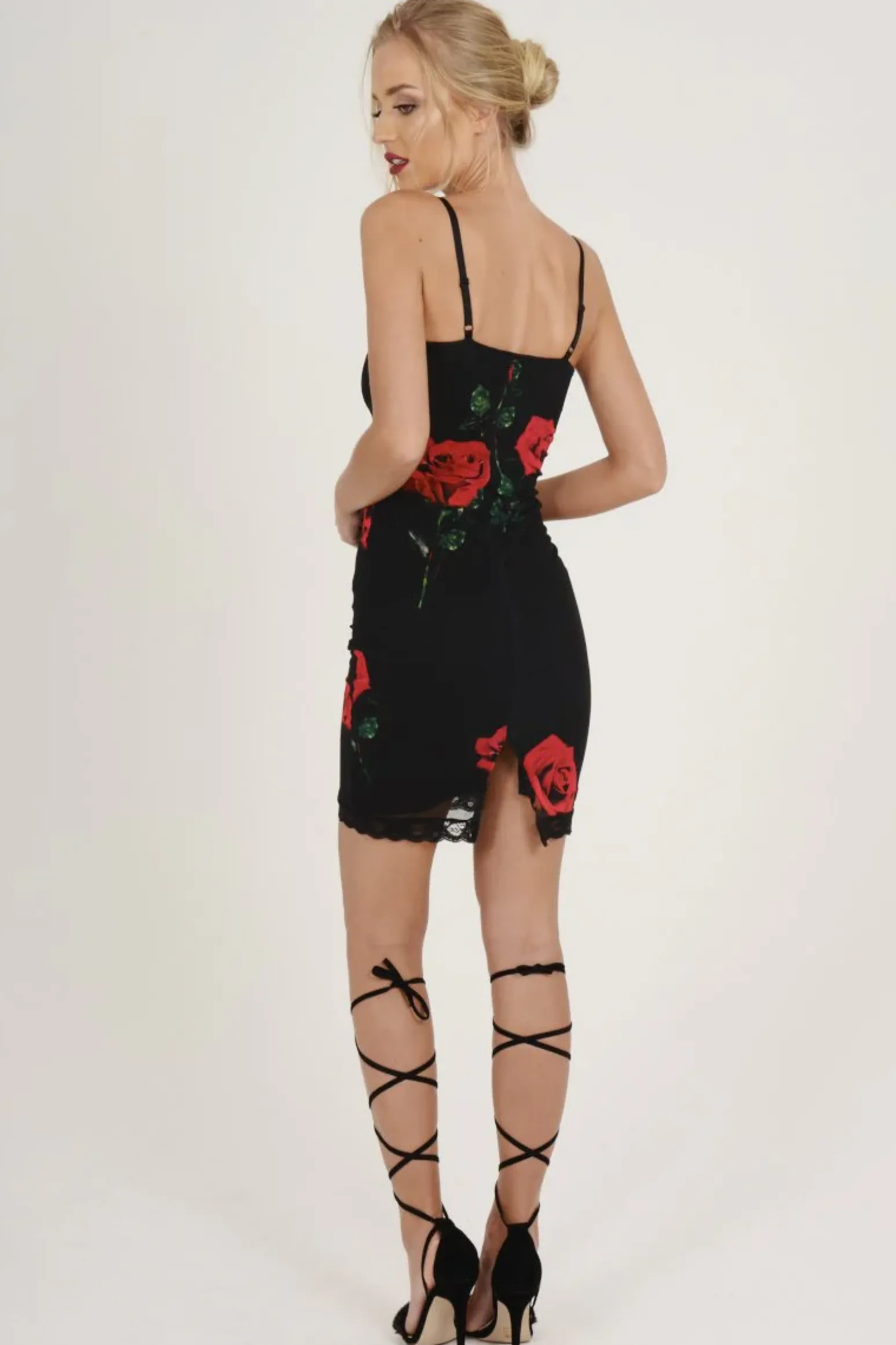 Rebellious Fashion Black Rose Print Lace Trim Slip Dress - Martina