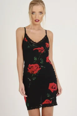 Rebellious Fashion Black Rose Print Lace Trim Slip Dress - Martina
