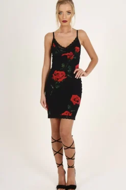 Rebellious Fashion Black Rose Print Lace Trim Slip Dress - Martina