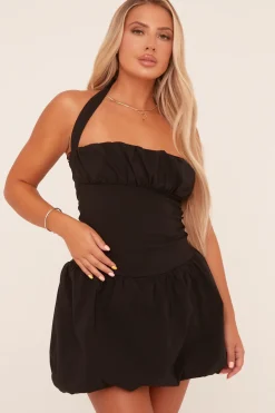 Rebellious Fashion Black Ruched Halter Neck Puffball Mini Dress - Anessa