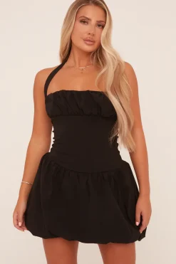 Rebellious Fashion Black Ruched Halter Neck Puffball Mini Dress - Anessa