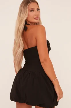 Rebellious Fashion Black Ruched Halter Neck Puffball Mini Dress - Anessa