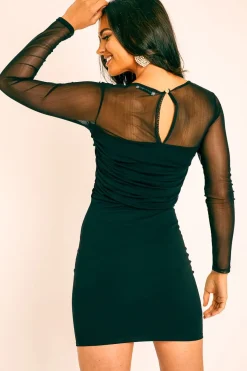 Rebellious Fashion Black Ruched Mesh Bodycon Mini Dress - Elysa