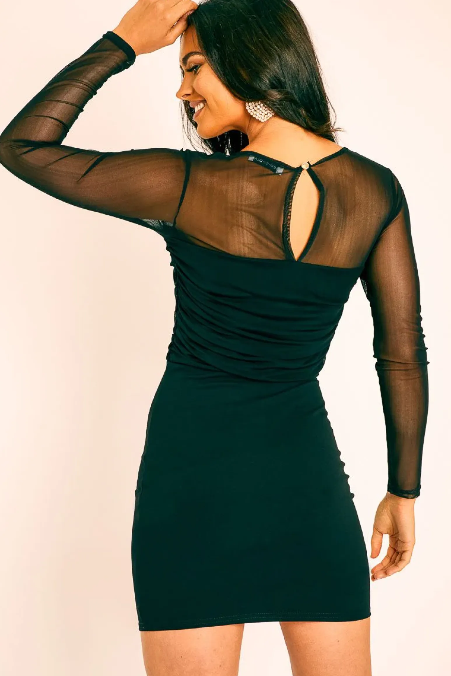 Rebellious Fashion Black Ruched Mesh Bodycon Mini Dress - Elysa