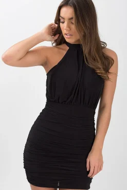 Rebellious Fashion Black Ruched Side High Neck Dress - Isla