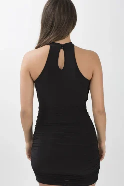 Rebellious Fashion Black Ruched Side High Neck Dress - Isla