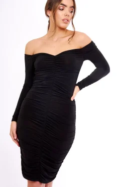Rebellious Fashion Black Ruched Slinky Bardot Midi Dress - Myla