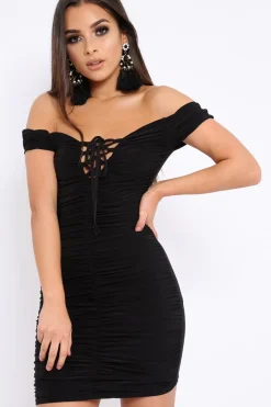 Rebellious Fashion Black Ruched Slinky Lace Up Dress - Rosina