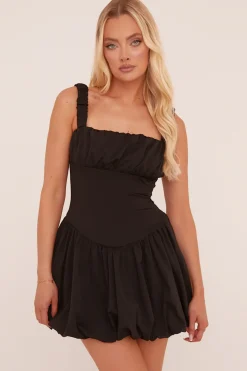 Rebellious Fashion Black Ruching Detail Puffball Mini Dress - Katie