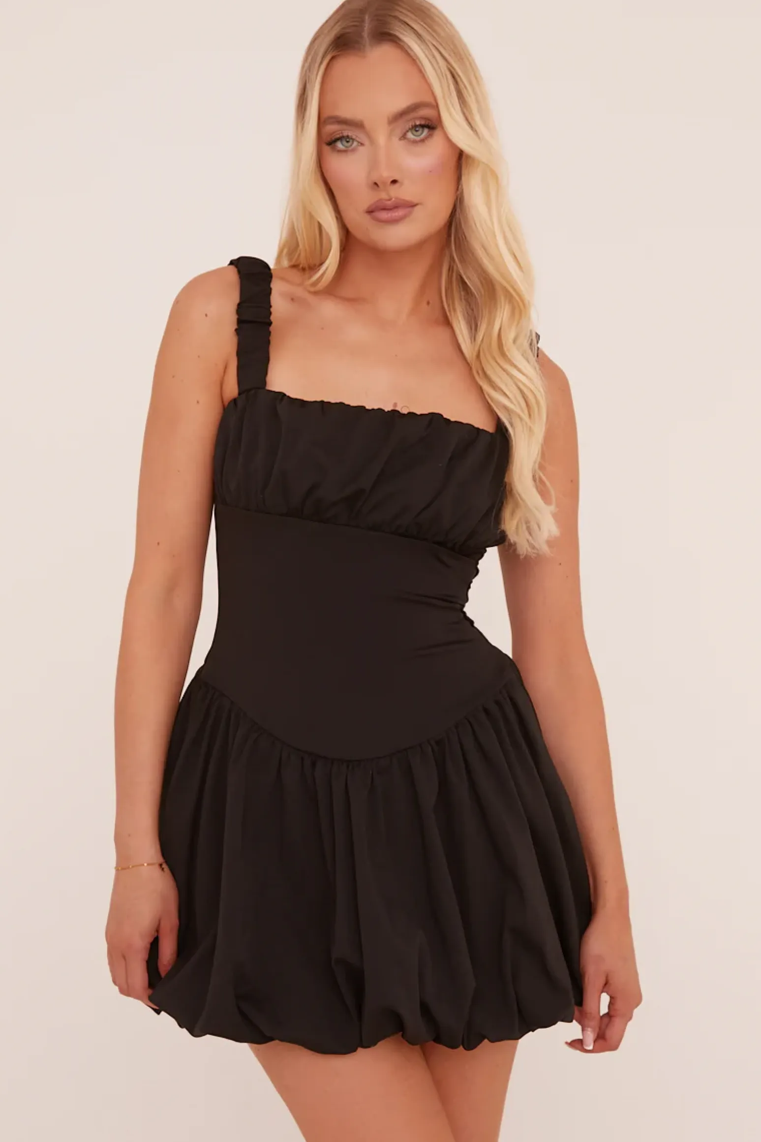 Rebellious Fashion Black Ruching Detail Puffball Mini Dress - Katie