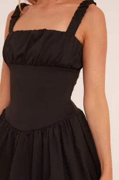Rebellious Fashion Black Ruching Detail Puffball Mini Dress - Katie