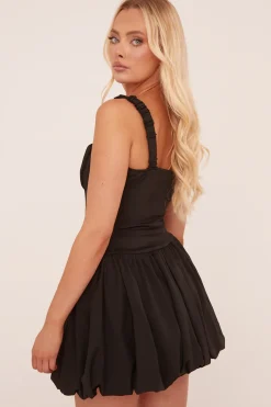 Rebellious Fashion Black Ruching Detail Puffball Mini Dress - Katie
