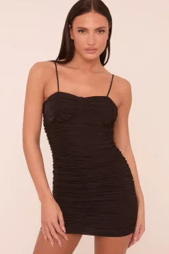 Rebellious Fashion Black Ruching Detail Shoulder Straps Bodycon Mini Dress - Aster