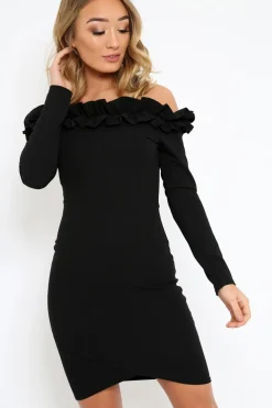 Rebellious Fashion Black Ruffle Bardot Bodycon Dress - Alix