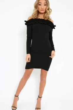 Rebellious Fashion Black Ruffle Bardot Bodycon Dress - Alix