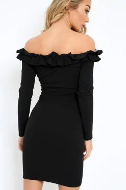 Rebellious Fashion Black Ruffle Bardot Bodycon Dress - Alix