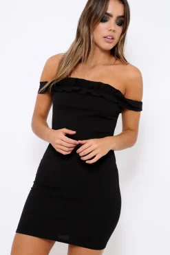 Rebellious Fashion Black Ruffle Bardot Bodycon Dress - Mollie