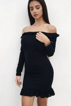 Rebellious Fashion Black Ruffle Hem Ribbed Bardot Mini Dress - Destiny