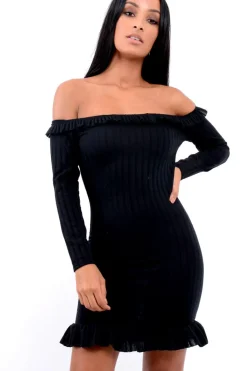 Rebellious Fashion Black Ruffle Hem Ribbed Bardot Mini Dress - Destiny