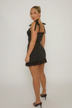 Rebellious Fashion Black Ruffle Hem Tie Shoulder Mini Dress - Carol