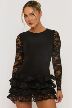 Rebellious Fashion Black Ruffle Lace Mini Dress - Brilliana