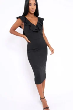 Rebellious Fashion Black Ruffle Plunge Neck Dress - Damara