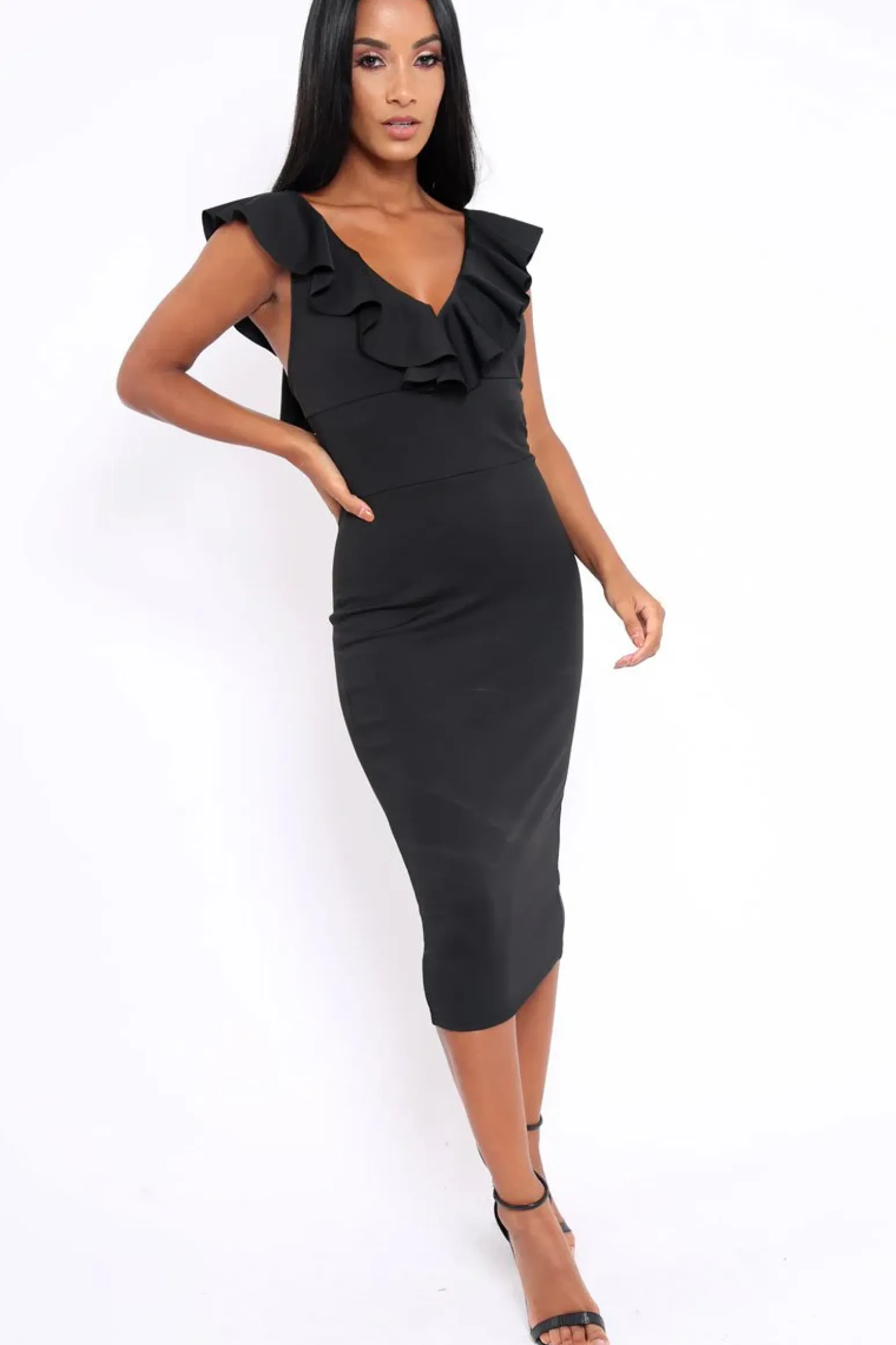 Rebellious Fashion Black Ruffle Plunge Neck Dress - Damara