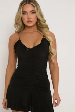 Rebellious Fashion Black Ruffle Ruched Front Mini Dress - Hilary