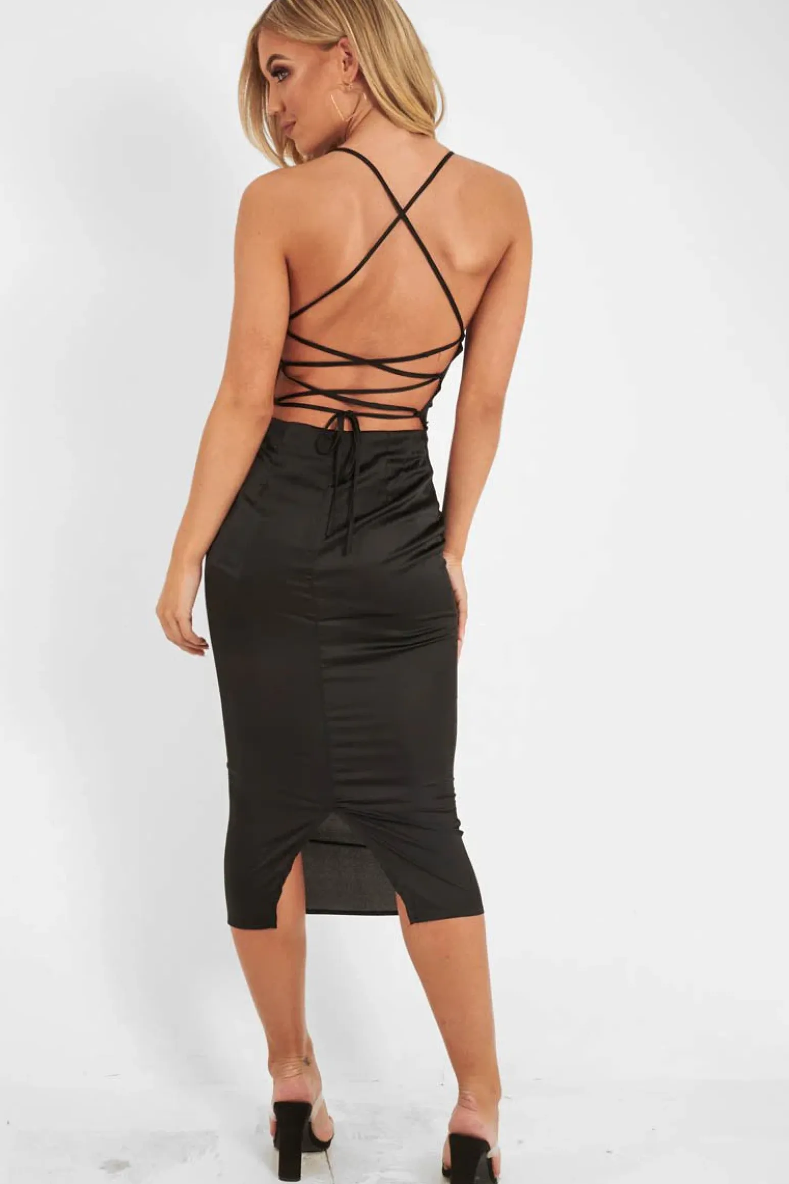 Rebellious Fashion Black Satin Cowl Neck Midi Bodycon Dress - Liliana