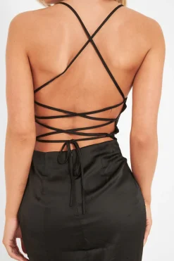 Rebellious Fashion Black Satin Cowl Neck Midi Bodycon Dress - Liliana
