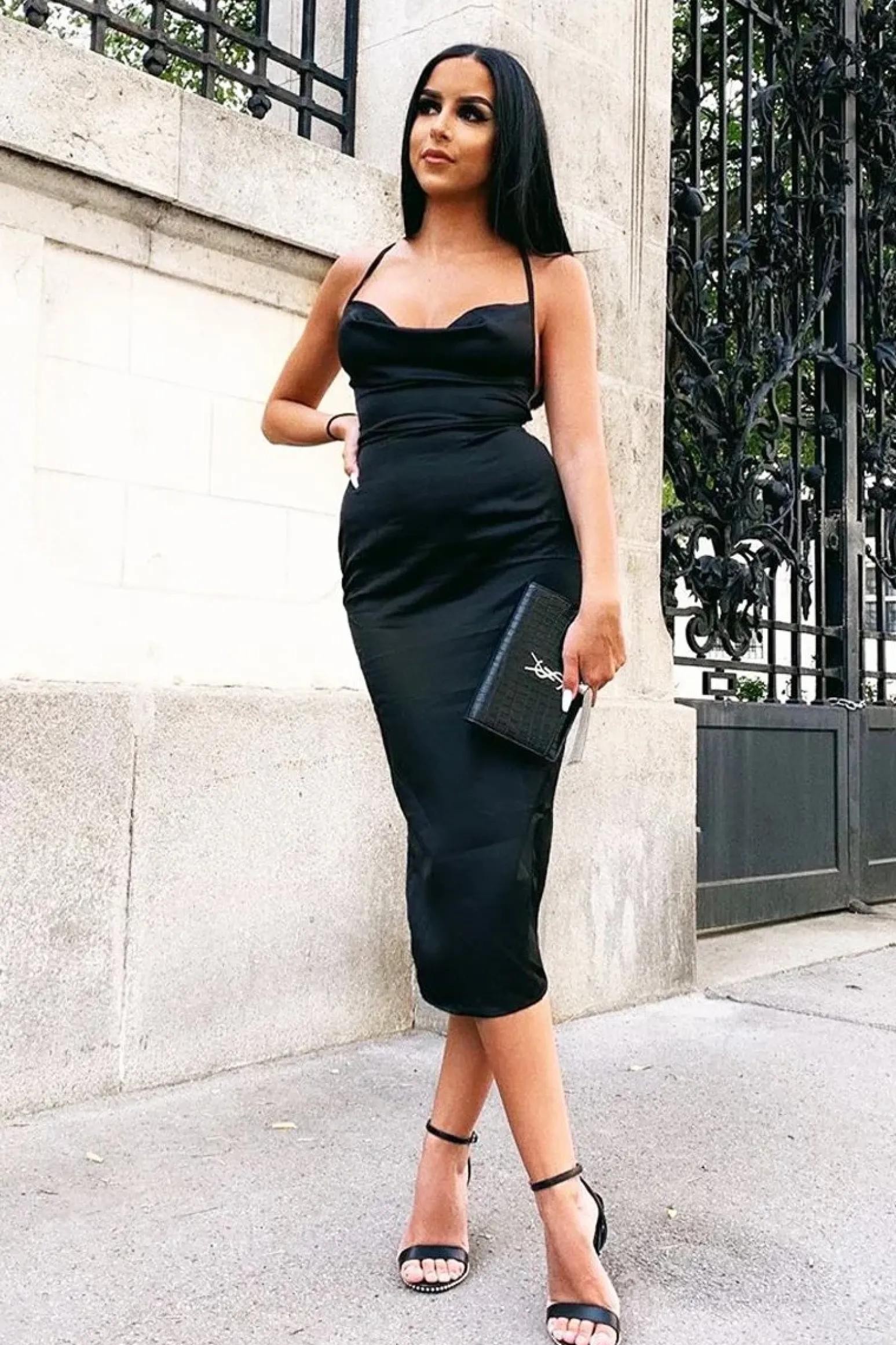 Rebellious Fashion Black Satin Cowl Neck Midi Bodycon Dress - Liliana
