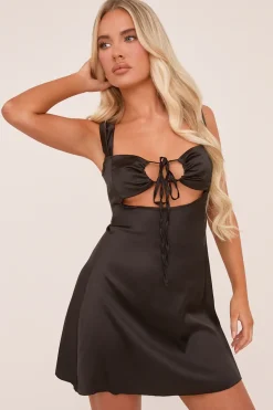 Rebellious Fashion Black Satin Cut Out Tie Front Mini Dress - Bridget