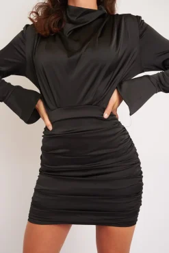 Rebellious Fashion Black Satin High Neck Ruched Side Detail Dress - Rae