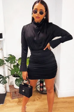 Rebellious Fashion Black Satin High Neck Ruched Side Detail Dress - Rae