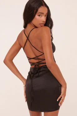Rebellious Fashion Black Satin Lace Up Bodycon Mini Dress - Sira