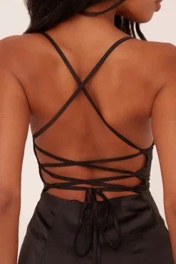 Rebellious Fashion Black Satin Lace Up Bodycon Mini Dress - Sira