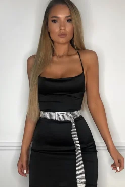 Rebellious Fashion Black Satin Lace Up Bodycon Mini Dress - Sira