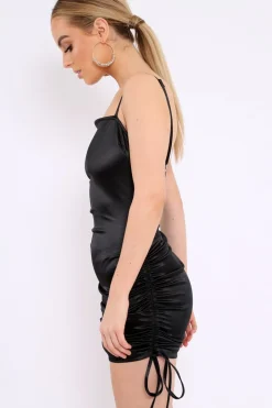 Rebellious Fashion Black Satin Ruched Bodycon Dress - Aara