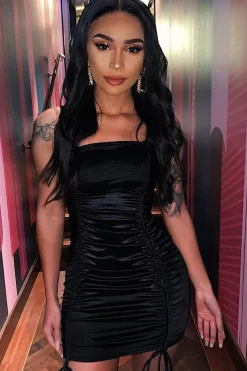 Rebellious Fashion Black Satin Ruched Front Mini Dress - Delsie