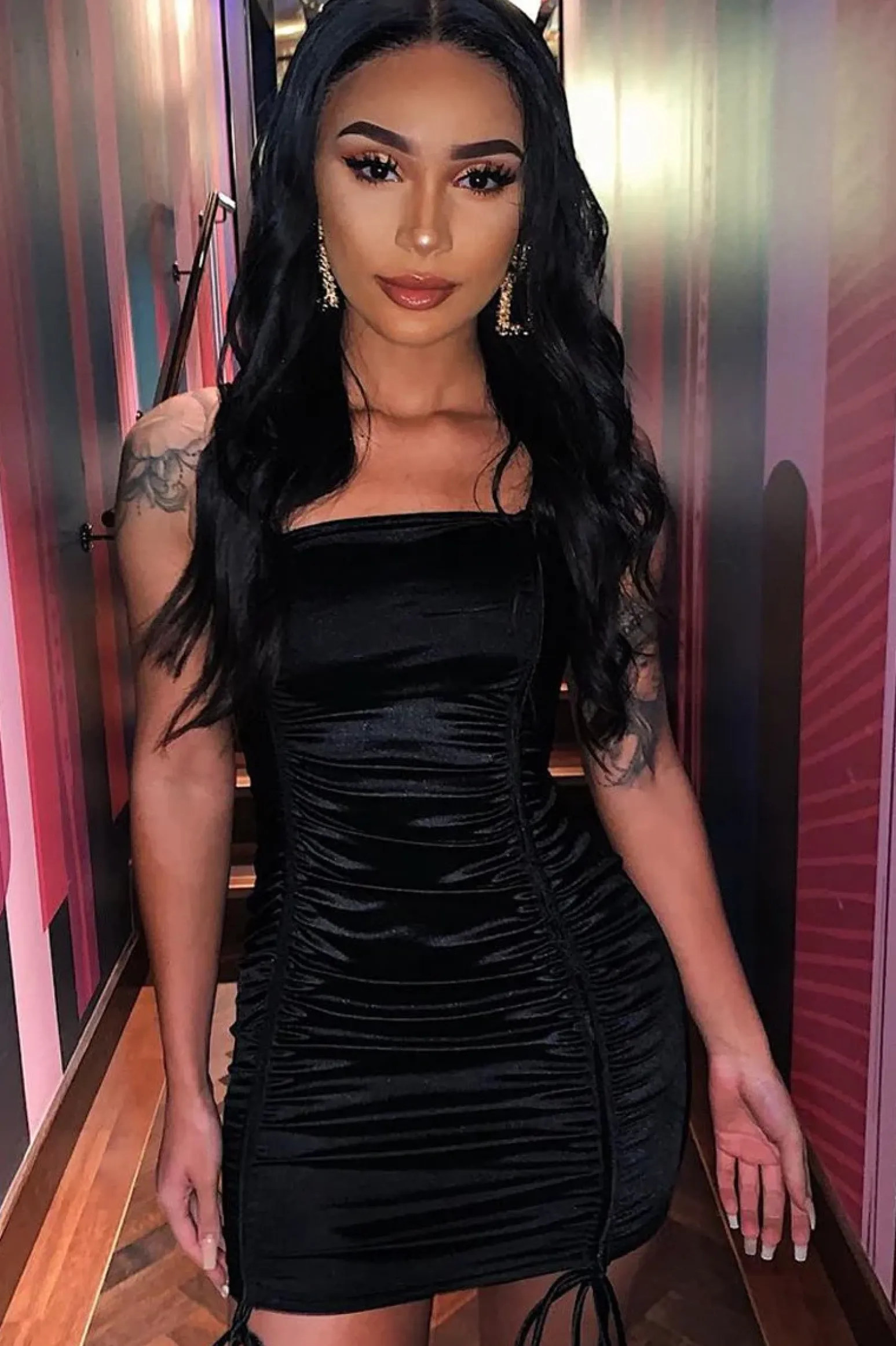 Rebellious Fashion Black Satin Ruched Front Mini Dress - Delsie