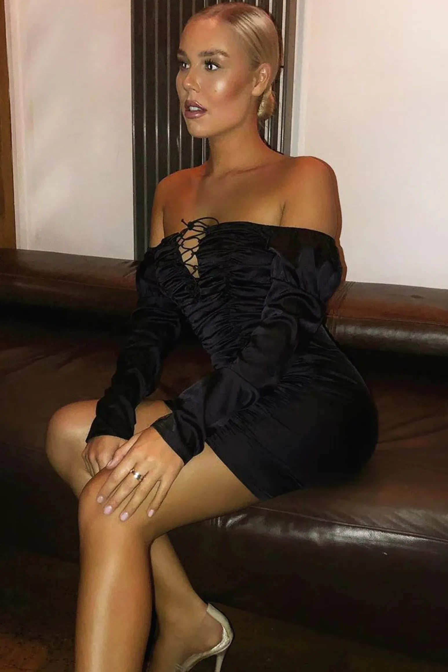 Rebellious Fashion Black Satin Ruched Lace Front Dress - Dania