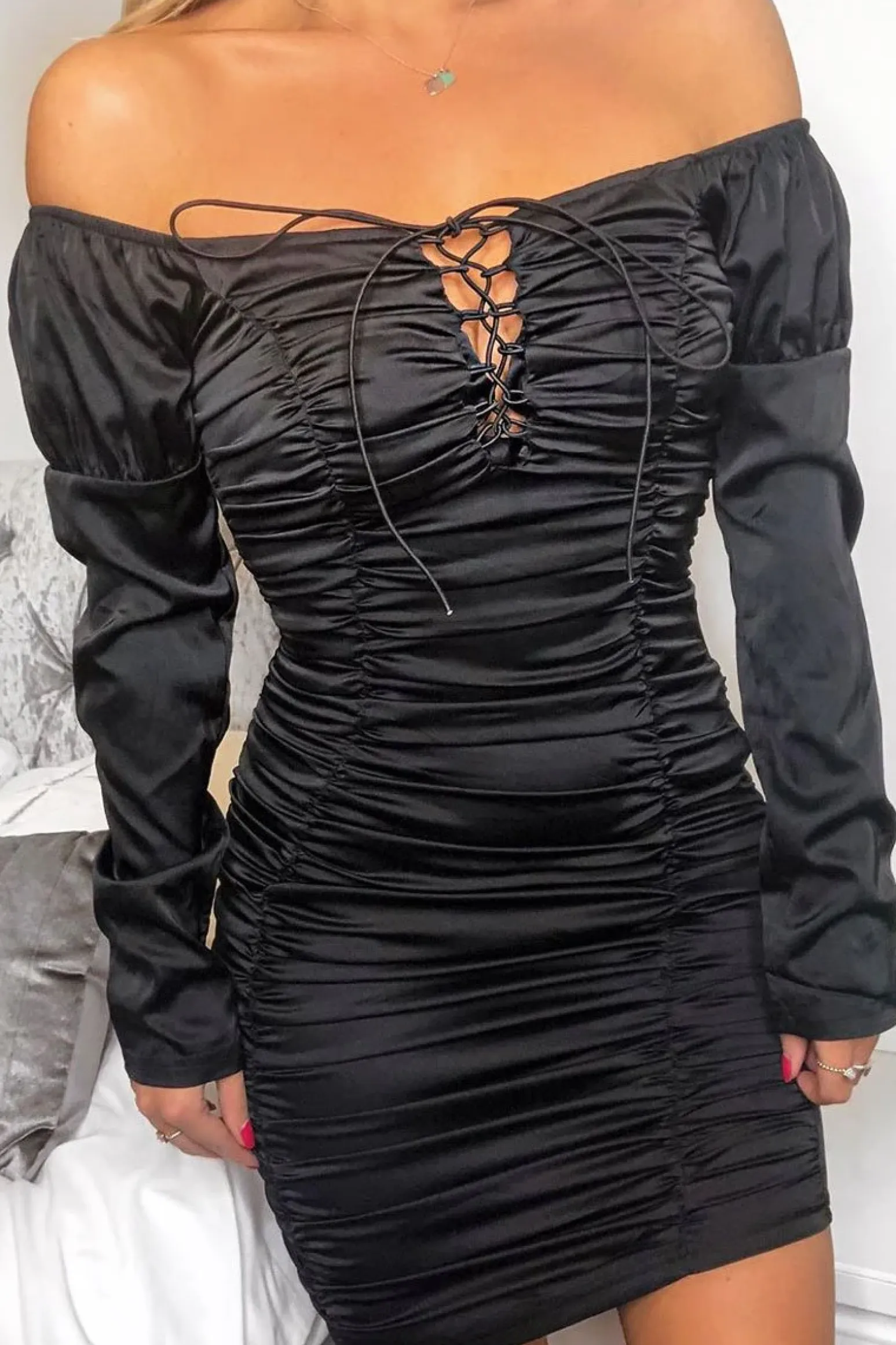 Rebellious Fashion Black Satin Ruched Lace Front Dress - Dania