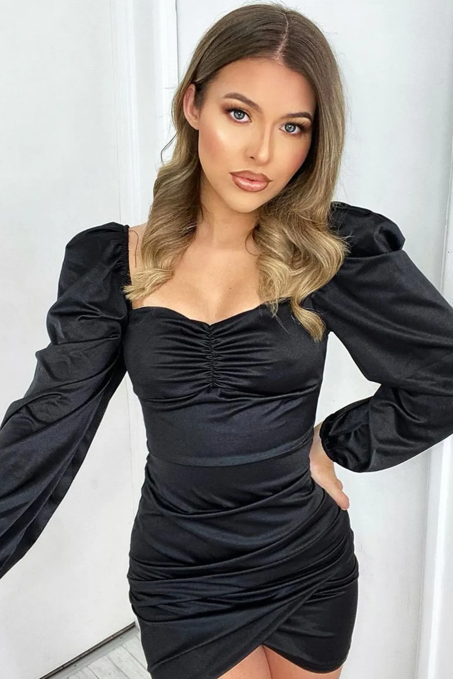 Rebellious Fashion Black Satin Ruched Skirt Mini Bodycon Dress - Fianna