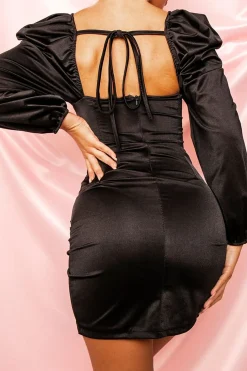 Rebellious Fashion Black Satin Ruched Skirt Mini Bodycon Dress - Fianna