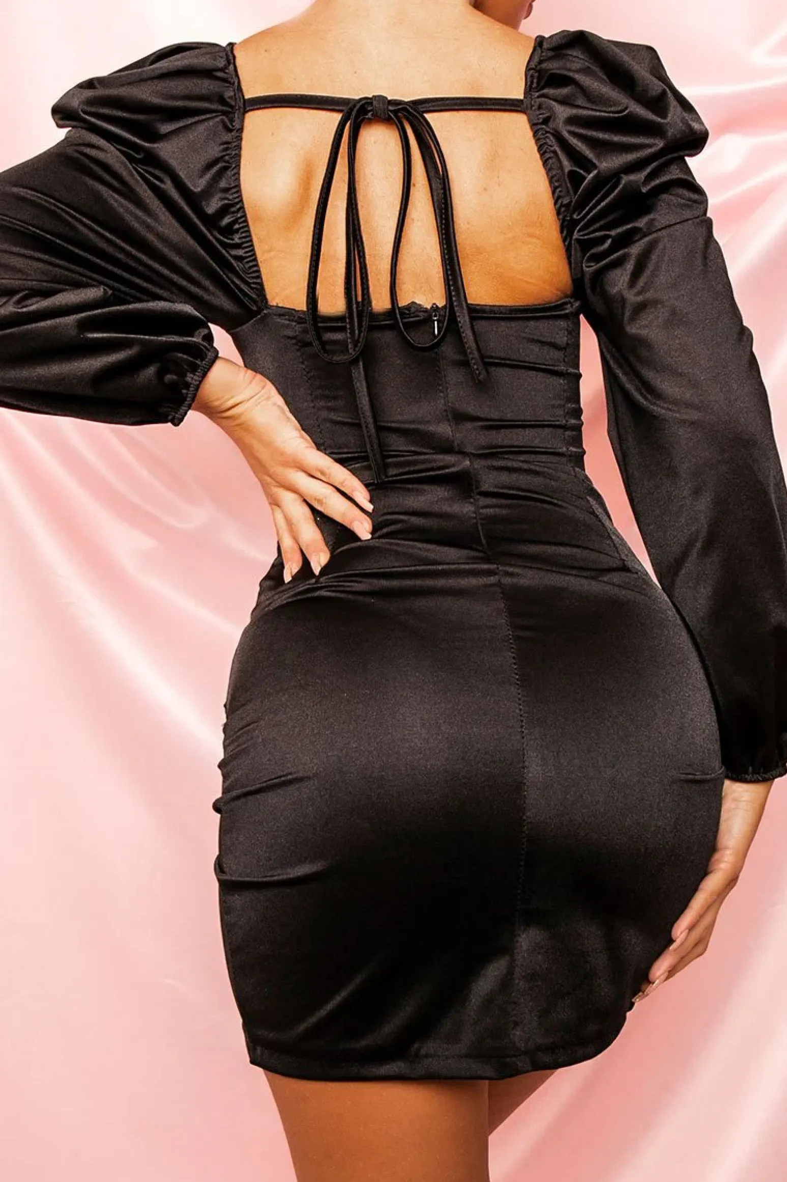 Rebellious Fashion Black Satin Ruched Skirt Mini Bodycon Dress - Fianna