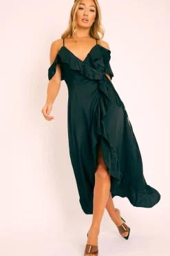 Rebellious Fashion Black Satin Ruffle Wrap Midi Dress - Eiza