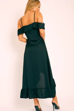 Rebellious Fashion Black Satin Ruffle Wrap Midi Dress - Eiza