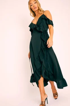 Rebellious Fashion Black Satin Ruffle Wrap Midi Dress - Eiza