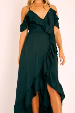Rebellious Fashion Black Satin Ruffle Wrap Midi Dress - Eiza