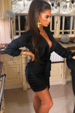 Rebellious Fashion Black Satin Shirt Ruched Belted Bodycon Dress - Aneliese